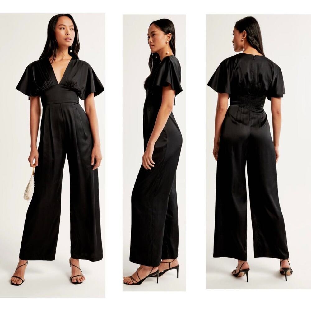 Abercrombie‎ & Fitch Black Angel Sleeve Satin Shiny Jumpsuit Wide-Leg Silhouette